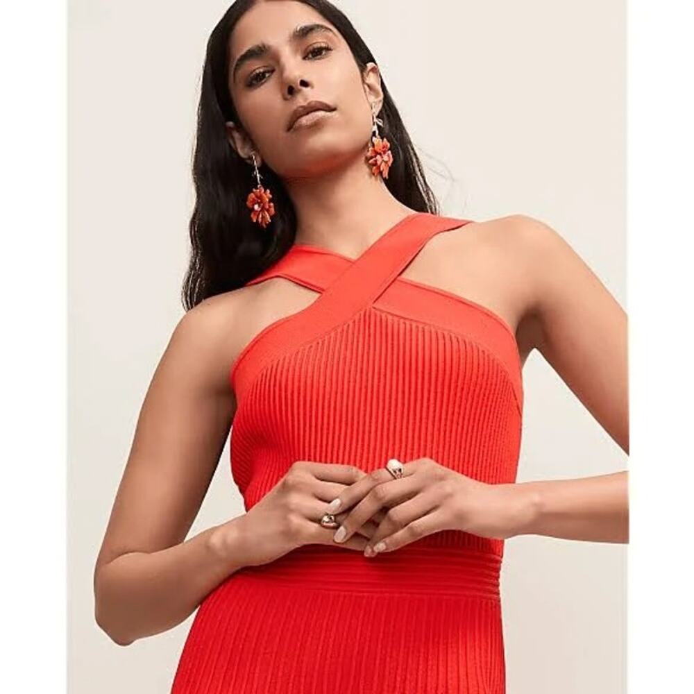 NWT Ann Taylor Ribbed Halter Sweater Dress Aperol Orange Knit Midi Size Large - Picture 5 of 5